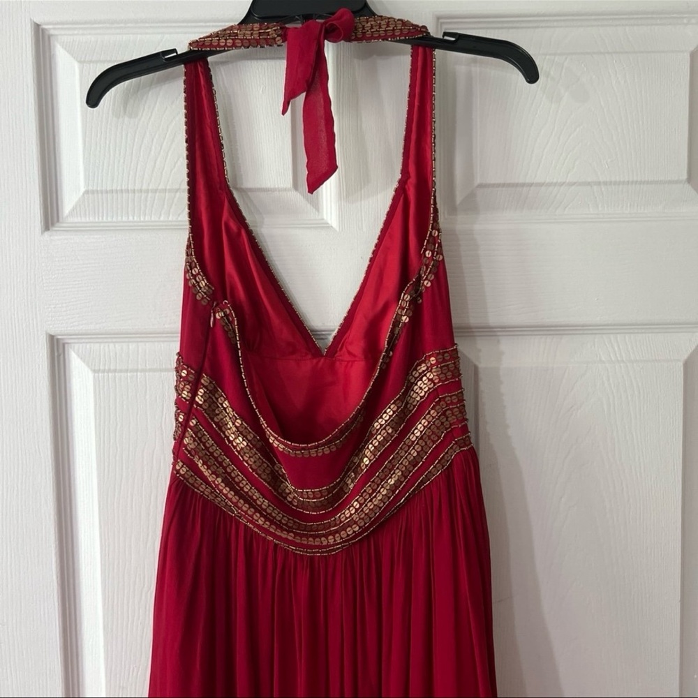 Adrianna Papell MAXI Red Evening Dress with Gold Details - Picture 3 of 13